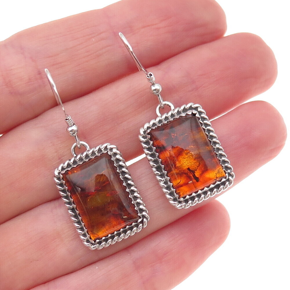 Lenora Begay Navajo Old Pawn 925 Sterling Silver Vintage Amber Dangle Earrings